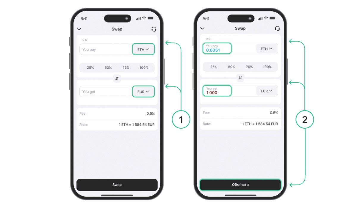 Zwei Telefonbildschirme, auf denen eine Transaktion durchgeführt wird
