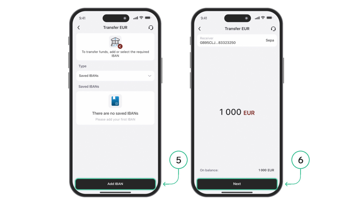 Zwei Smartphones, auf denen gezeigt wird, wie man Euro über die Trustee Plus-App überweist