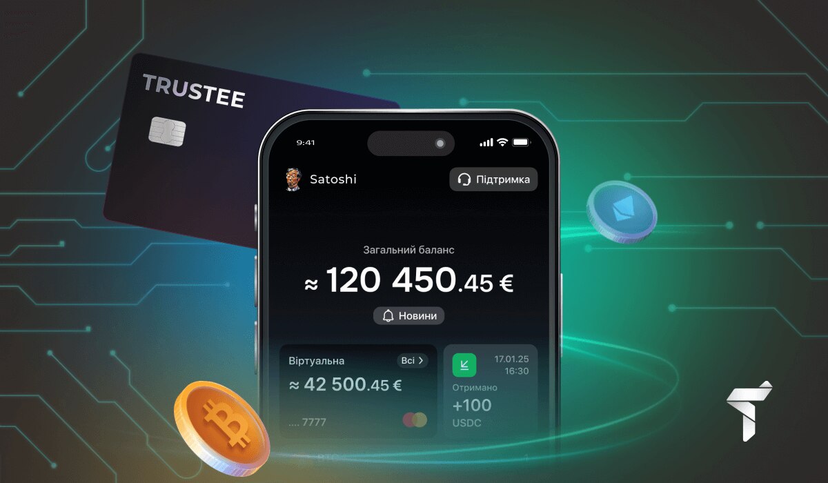 Ein Smartphone mit geöffneter Trustee Plus-App und eine Bankkarte hinter dem Telefon