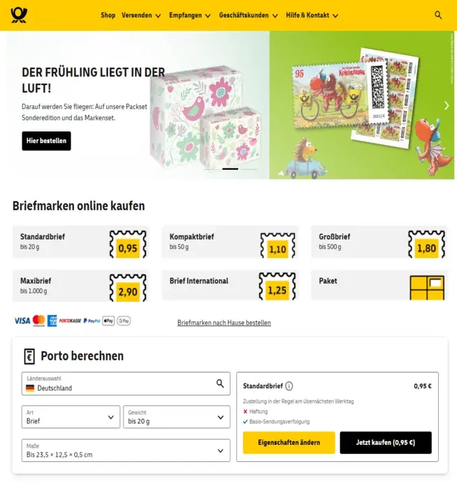 Webseite der Deutschen Post mit Preisbeispielen.