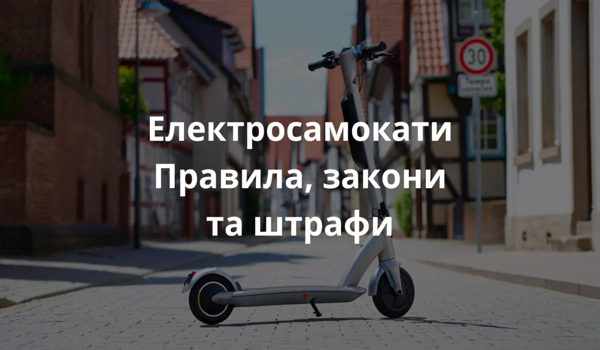 фотографія сучасного електросамоката, припаркованого на вулиці в Німеччині. Чистий міський фон з німецькими дорожніми знаками, велосипедними доріжками та пішохідною зоною. Денне світло, ясна погода. Обстановка виглядає безпечною та організованою, відображаючи німецьку інфраструктуру.