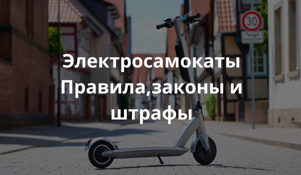 фотография современного электросамоката, припаркованного на улице в Германии. Чистый городской фон с немецкими дорожными знаками, велосипедными дорожками и пешеходной зоной. Дневной свет, ясная погода. Обстановка выглядит безопасной и организованной, отражая немецкую инфраструктуру.