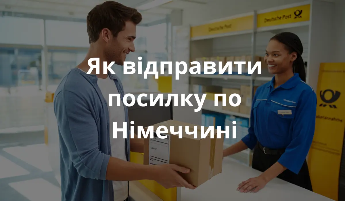 фотографія людини, яка відправляє посилку в Німеччині. Молодий чоловік біля стійки сучасного німецького поштового відділення (наприклад, Deutsche Post) тримає в руках картонну коробку з транспортною наклейкою. Яскравий інтер'єр, чиста і професійна обстановка. На задньому плані — поштові полиці, цифрові екрани та німецькі вивіски. Чоловік посміхається, одягнений у повсякденний одяг і спілкується з привітним поштовим працівником. Крізь вікна проникає денне світло.