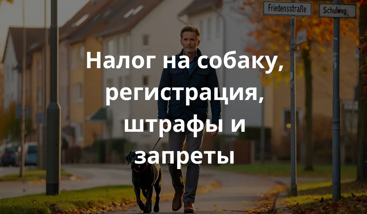 изображение владельца, гуляющего со своей собакой по улицам современного немецкого города.