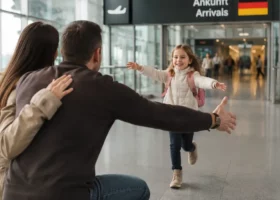 Das Mädchen rennt am Flughafen auf ihre Eltern zu
