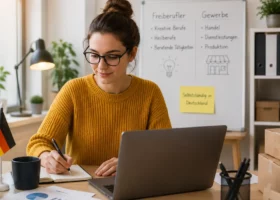 Das Mädchen sitzt am Schreibtisch und schreibt etwas in ein Notizbuch
