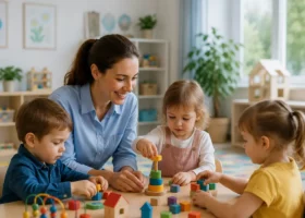 Eine Erzieherin im Kindergarten sitzt da und spielt mit den Kindern