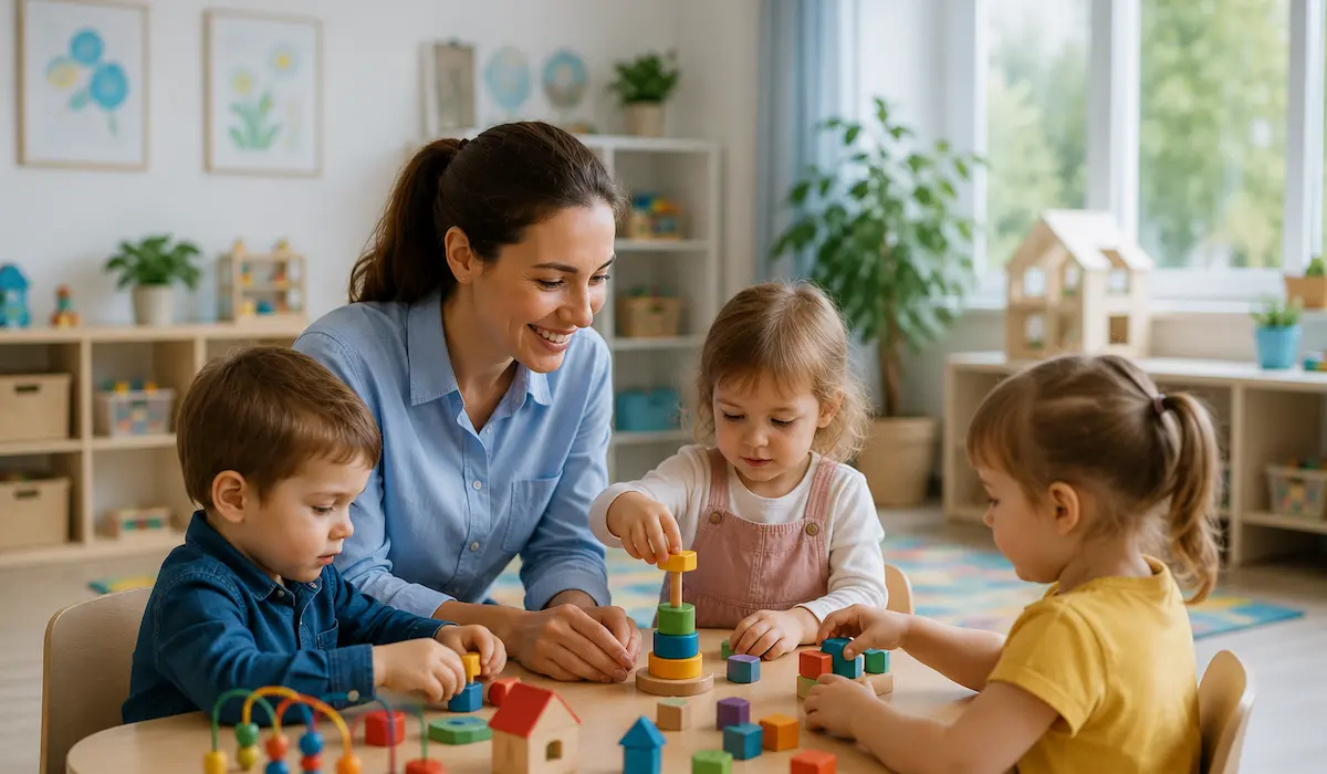 Eine Erzieherin im Kindergarten sitzt da und spielt mit den Kindern