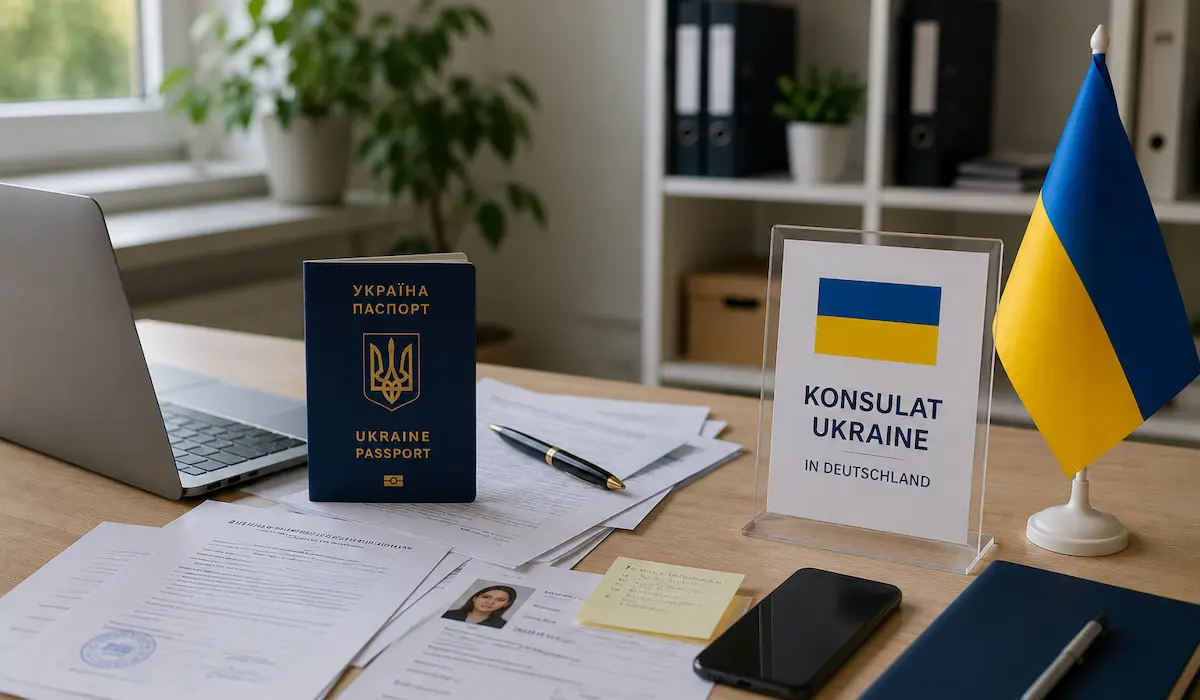 Украинский паспорт на столе, окруженный множеством виз и паспортов, что свидетельствует о подготовке к поездке или о наличии необходимых документов.