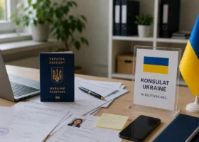 Ein ukrainischer Reisepass auf einem Schreibtisch, umgeben von zahlreichen Visa und Reisepässen, was auf Reisevorbereitungen oder entsprechende Unterlagen hindeutet.