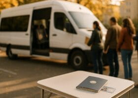 Mobiler Passservice in München: Kleinbus und Wartende mit Unterlagen