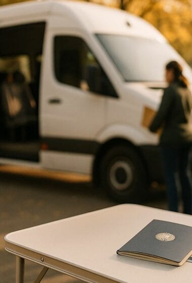 Mobiler Passservice in München: Kleinbus und Wartende mit Unterlagen
