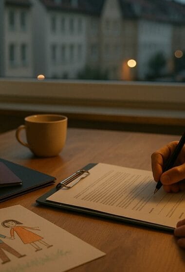 Familie am Küchentisch mit Arbeitsvertrag und Aufenthaltsdokumenten beim Wechsel von § 24