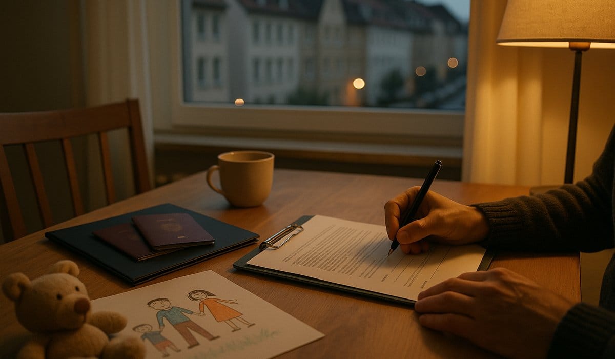 Familie am Küchentisch mit Arbeitsvertrag und Aufenthaltsdokumenten beim Wechsel von § 24
