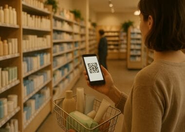 Einkauf in einer Drogerie mit Smartphone und digitaler Kundenkarte