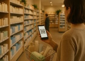 Покупки в drogerie со смартфоном и цифровой картой лояльности