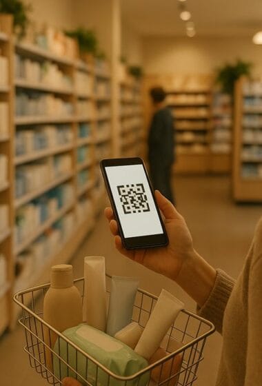 Покупки в drogerie со смартфоном и цифровой картой лояльности