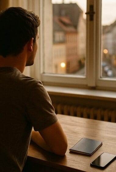 Ukrainischer Mann in Deutschland am Küchentisch mit Reisepass und Smartphone