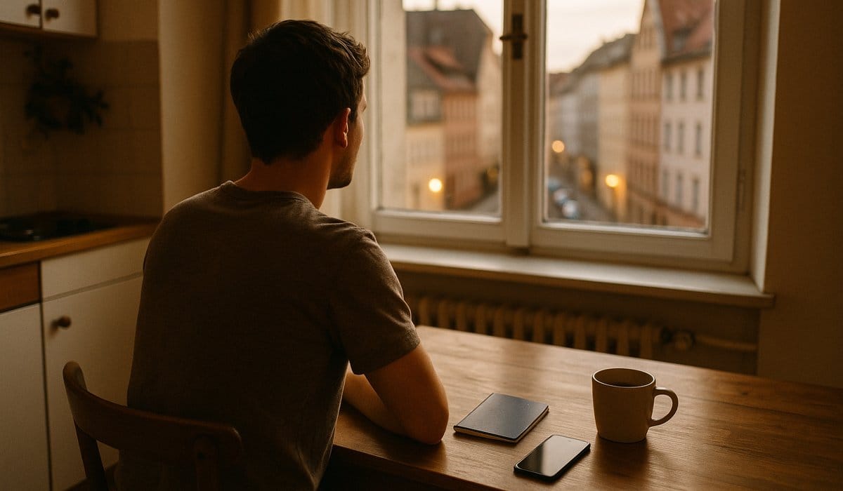 Ukrainischer Mann in Deutschland am Küchentisch mit Reisepass und Smartphone